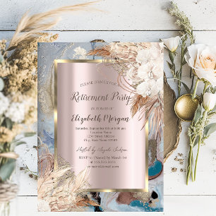 Convite Moldura Dourada Flor Boho, Dourado Rosa, Aposentad