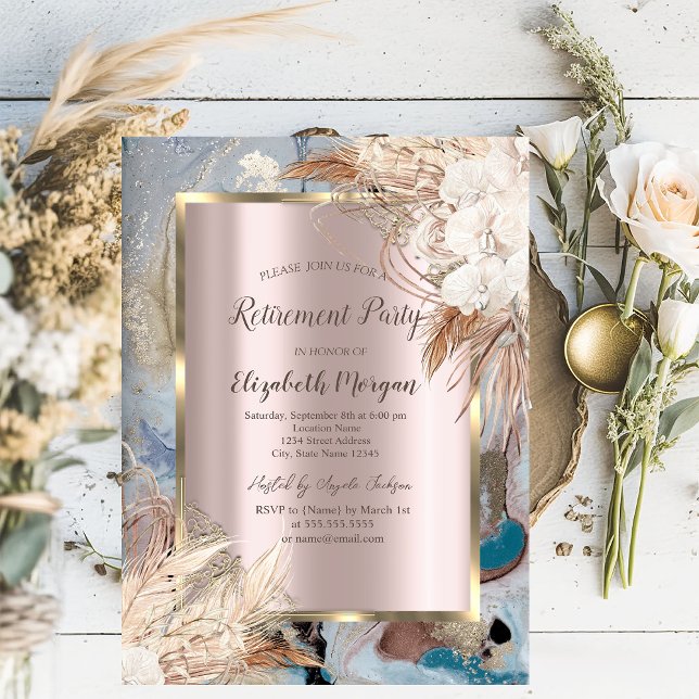 Convite Moldura Dourada Flor Boho, Dourado Rosa, Aposentad (Criador carregado)