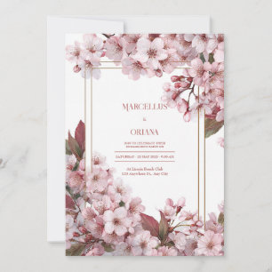 Convite Moldura Dourada Flor de Cerejeira Rosa Elegante Ca