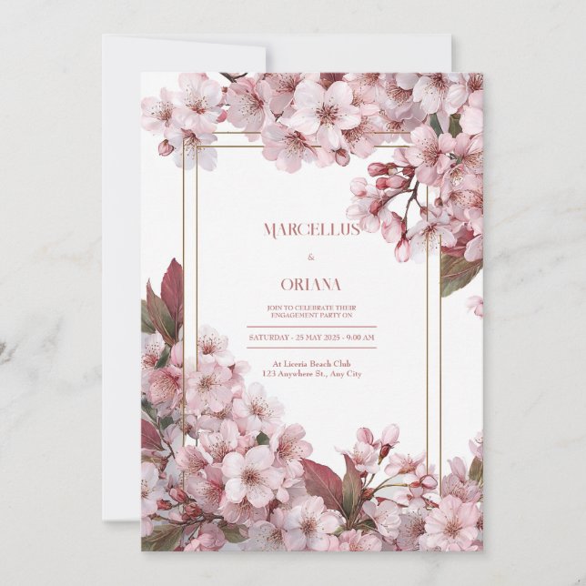 Convite Moldura Dourada Flor de Cerejeira Rosa Elegante Ca (Frente)