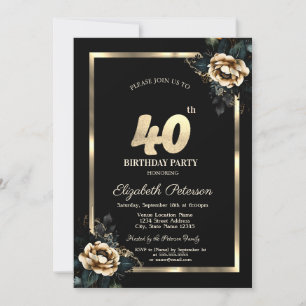 Convite Moldura Dourada Flor Elegante Preto Aniversário de