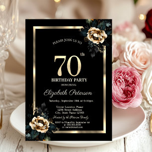 Convite Moldura Dourada Flor Elegante Preto Aniversário de