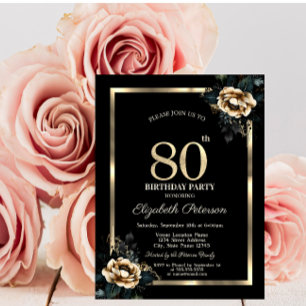 Convite Moldura Dourada Flor Elegante Preto Aniversário de