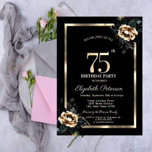 Convite Moldura Dourada Flor Elegante Preto Aniversário de