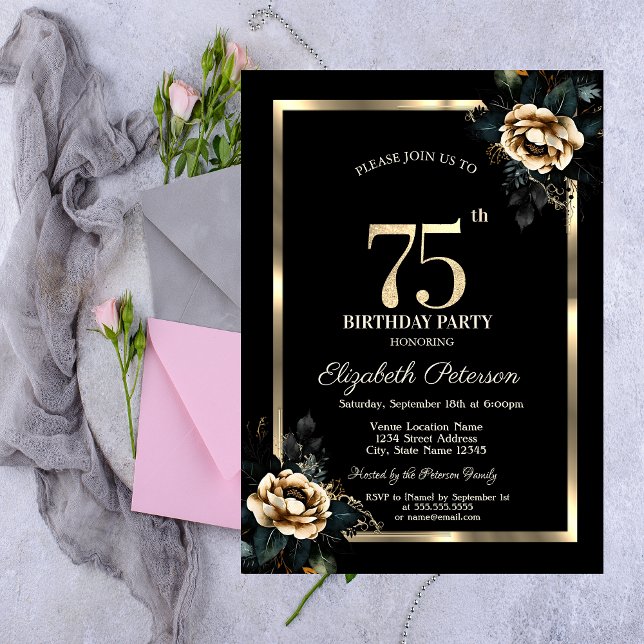 Convite Moldura Dourada Flor Elegante Preto Aniversário de (Criador carregado)