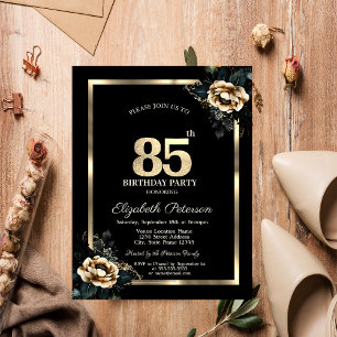 Convite Moldura Dourada Flor Elegante Preto Aniversário de