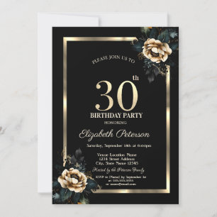 Convite Moldura Dourada Flor Elegante Preto Aniversário de