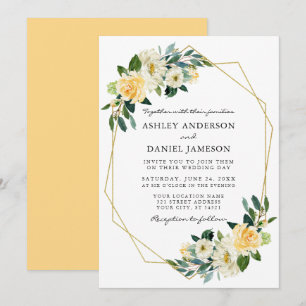 Convite Moldura Dourada Floral Amarelo Elegante
