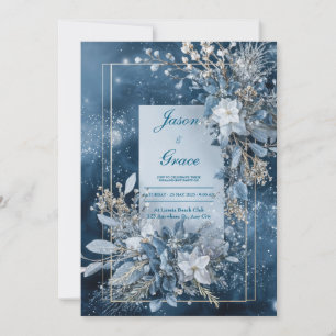 Convite Moldura Dourada Floral Azul Celestial de Inverno L