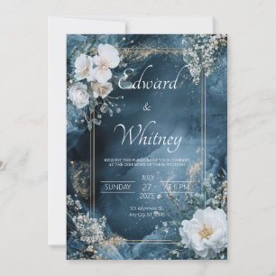 Convite Moldura Dourada Floral Azul Meia-Noite Casamento C