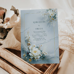 Convite Moldura Dourada Floral Branca Textura de Mármore C