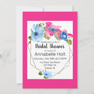 Convite Moldura Dourada Floral Cor-de-Água Azul Quente Ros