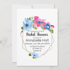 Convite Moldura Dourada Floral Cor-de-Água Azul Quente Ros