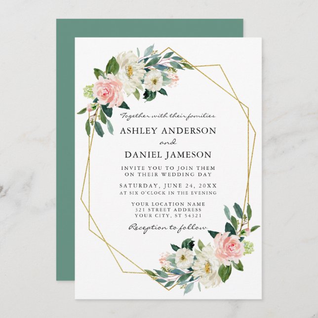 Convite Moldura Dourada Floral Rosa Água-Marinha (Frente/Verso)