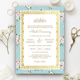 Convite Moldura Dourada Floral Rosa Azul Casamento Muçulma