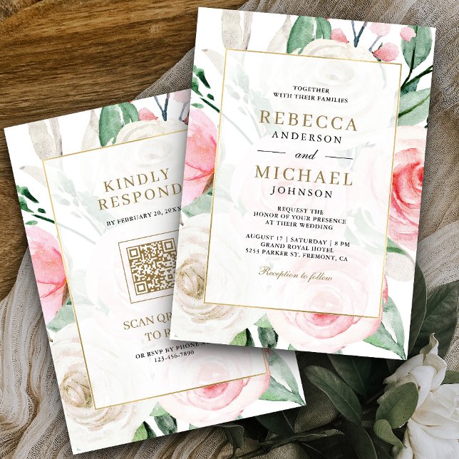 Convite Moldura Dourada Floral Rosa Bege Marfim Código QR  (Criador carregado)