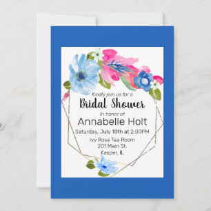 Convite Moldura Dourada Floral Rosa Quente Azul Claro Aqua