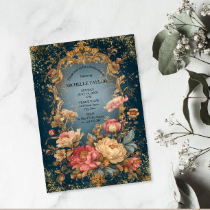 Convite Moldura Dourada Floral Vitoriana Elegante Nupcial