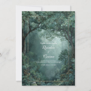 Convite Moldura Dourada Floresta Esmeralda Campina Nebulos