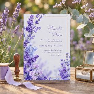 Convite Moldura Dourada Lavanda Botânica Violeta Vibrante