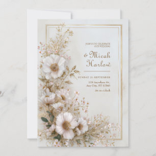 Convite Moldura Dourada Marfim Rubor Suave Casamento Flor 