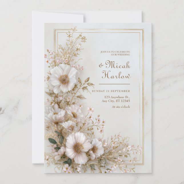 Convite Moldura Dourada Marfim Rubor Suave Casamento Flor  (Frente)