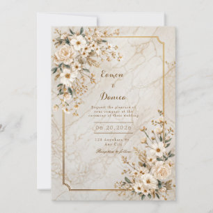 Convite Moldura Dourada Mármore Floral de Marfim Casamento