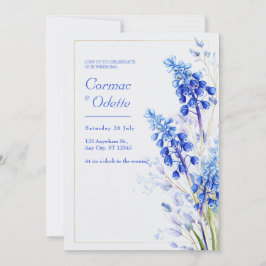 Convite Moldura Dourada Muscari Aquarela Azul Cobalto Casa
