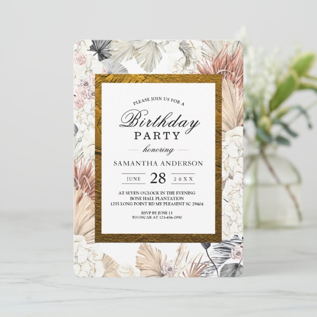 Convite Moldura Dourada Orquídea Floral Moderna (Em pé/Frente)