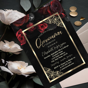 Convite Moldura Dourada Rosas Vermelhas Elegantes Quinceañ