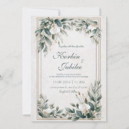 Convite Moldura Dourada Verde Floral Poeirento Casamento