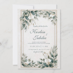 Convite Moldura Dourada Verde Floral Poeirento Casamento