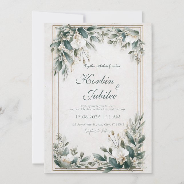 Convite Moldura Dourada Verde Floral Poeirento Casamento (Frente)