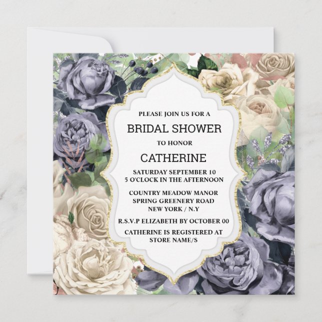 Convite Moldura elegante de flor branca roxa roxa roxa (Frente)