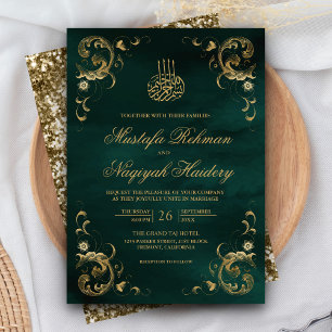 Convite Moldura em Ouro Antigo Casamento Islâmico Verde Es