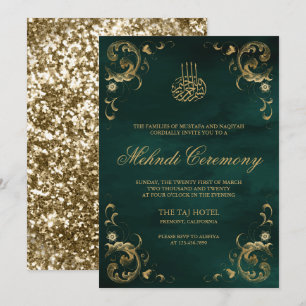 Convite Moldura em Ouro Antigo Verde Esmeralda Mehndi Islâ