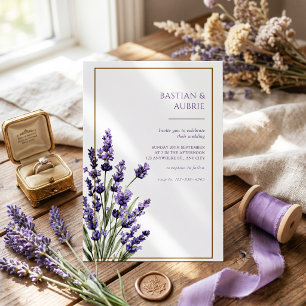 Convite Moldura Fina Marrom com Ramo de Lavanda Roxa Casam
