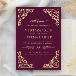 Convite Moldura Floral Ameixa e Dourado Casamento Islâmico