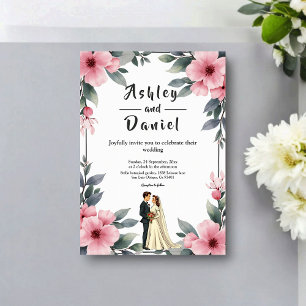 Convite Moldura Floral Aquarela Noiva E Noivo Casamento