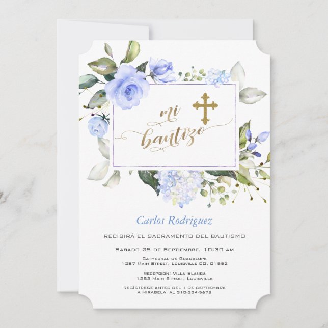 Convite Moldura Floral Azul Dourada Cruz Mi Bautizo (Frente)