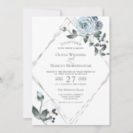 Convite Moldura Floral Azul Dusty De Casamento