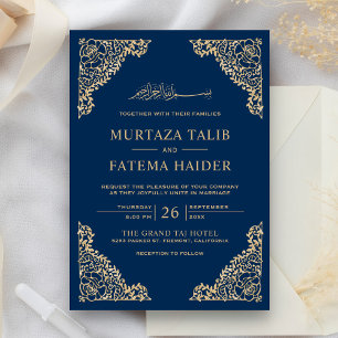 Convite Moldura Floral Azul e Dourada Casamento Islâmico M