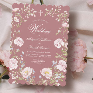 Convite Moldura Floral Blush em Casamento Religioso Rosa D