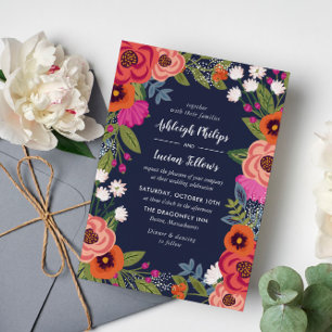 Convite Moldura Floral Boêmia - Casamento Azul Marinho