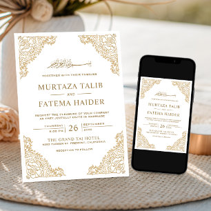 Convite Moldura Floral Branca e Dourada Casamento Islâmico