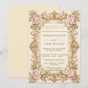 Convite Moldura Floral Creme e Dourado Casamento Islâmico 