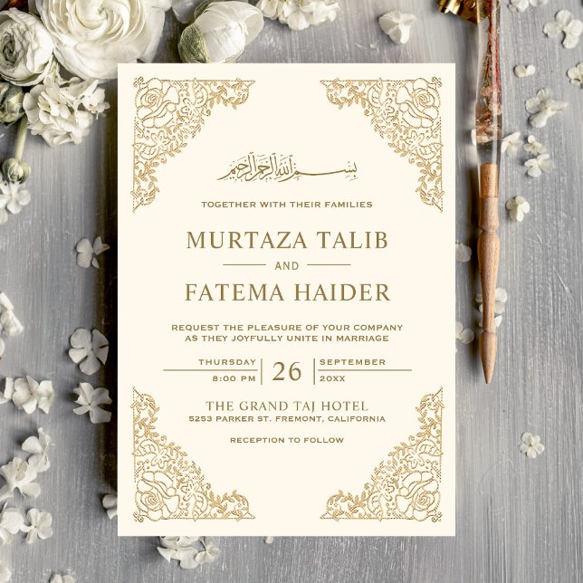Convite Moldura Floral Creme e Dourado Casamento Islâmico  (Criador carregado)