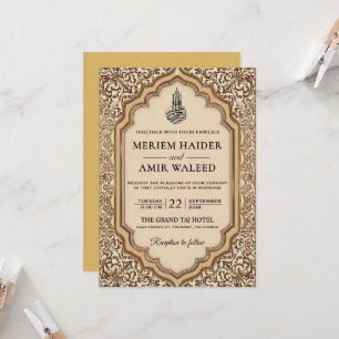 Convite Moldura Floral Creme e Dourado Casamento Islâmico 