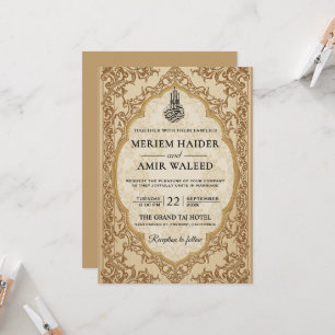 Convite Moldura Floral Creme e Dourado Casamento Islâmico 