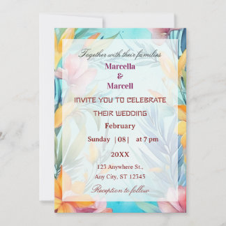 Convite Moldura Floral de Aquarela Azul Turquesa Suave